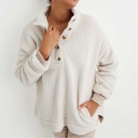 Aerie Sherpa half button sweater with pockets women's size large oversized fit - Picture 3 of 15